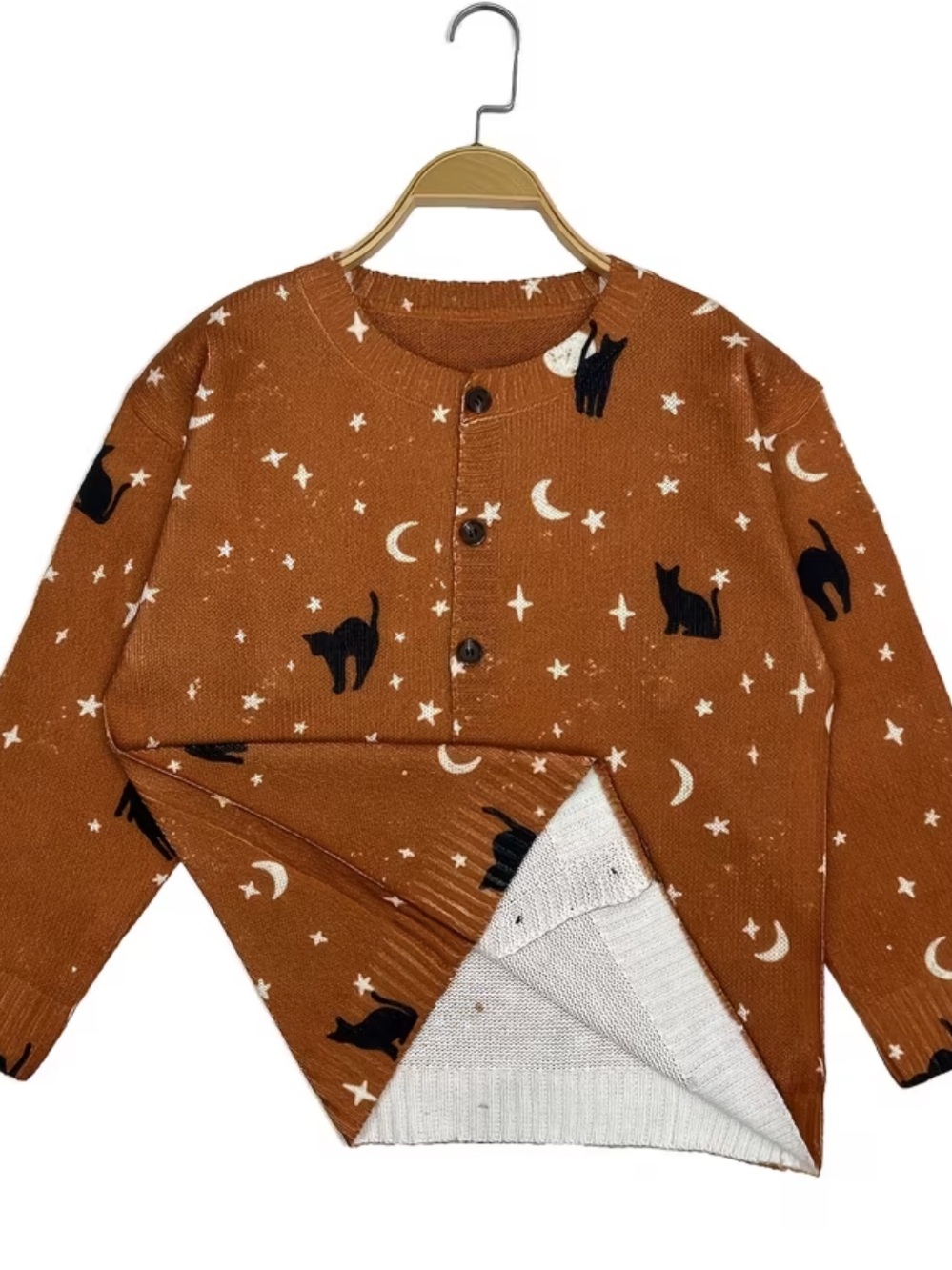 Black Cat Moon & Stars Cardigan Rusty Orange Halloween Sweater - Picture 2 of 10